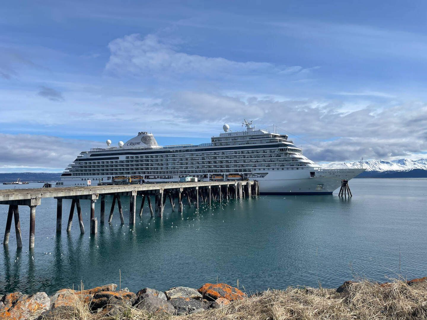 The Regent Seven Seas Explorer Cruise Ship arrives at the Deep Water Dock from Japan on Wednesday, April 24, 2024, in Homer, Alaska. (Emilie Springer/Homer News)