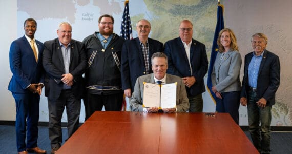 Gov. Mike Dunleavy is pictured with members of the House Majority after signing the fiscal year 2025 budget bills on June 27 in Anchorage. From left to right: Reps. Stanley Wright, Tom McKay, Thomas Baker, Craig Johnson, Kevin McCabe, Julie Coulombe, and Laddie Shaw. (Photo provided by Office of the Governor)