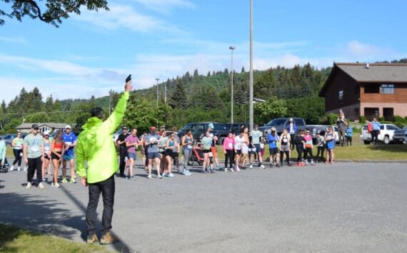 Runners participating in the Homer Spit Run 10K to the Bay wait for the start gun to fire on Saturday, June 29, 2024, at Homer High School in Homer, Alaska. (Delcenia Cosman/Homer News)