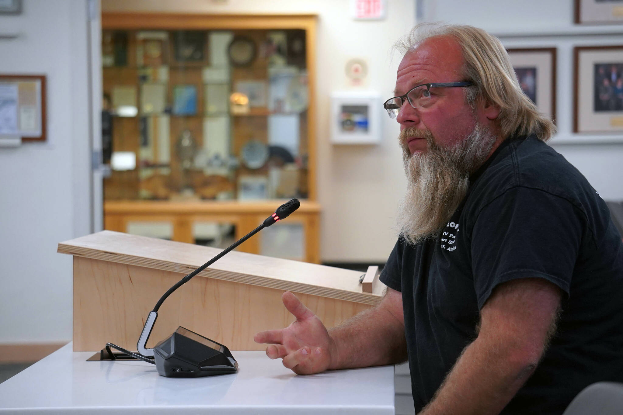 Robert Peterkin speaks to the Kenai Peninsula Borough Assembly in Soldotna, Alaska, on Tuesday, June 18, 2024. (Jake Dye/Peninsula Clarion)