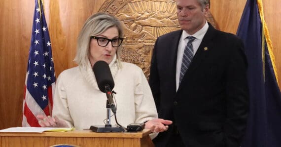 Alaska Department of Education and Early Development Commissioner Deena Bishop and Gov. Mike Dunleavy discuss his veto of an education bill during a press conference March 15, 2024, at the Alaska State Capitol. (Mark Sabbatini / Juneau Empire file photo)