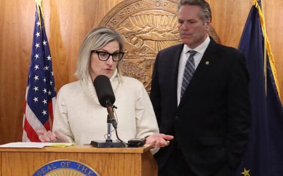 Alaska Department of Education and Early Development Commissioner Deena Bishop and Gov. Mike Dunleavy discuss his veto of an education bill during a press conference March 15, 2024, at the Alaska State Capitol. (Mark Sabbatini / Juneau Empire file photo)