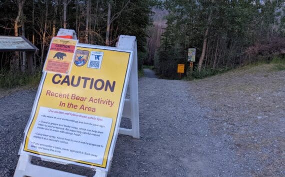 A sign warning of a June 28, 2021, bear attack is placed at the head of the Kenai River Trail on Skilak Loop Road in the Kenai National Wildlife Refuge on June 30, 2021. (Photo by Erin Thompson/Peninsula Clarion)