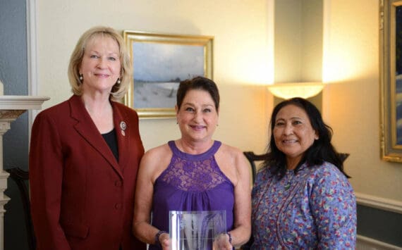 Lt. Governor Nancy Dahlstrom, Cindy Harris and First Lady Rose Dunleavy stand for a photo at a ceremonial luncheon at the Governor’s Residence in Juneau, Alaska. (Photo courtesy Office of the Governor)
