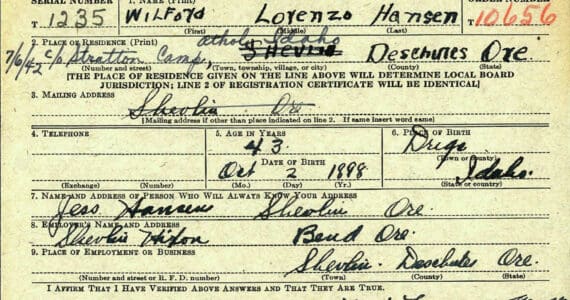 This is the front side of the 1942 draft-registration card for Wilford Lorenzo “Bill” Hansen. He came to live on the Kenai Peninsula during the early 1950s and soon purchased a share in the Circus Bar, later changing its name to the Hilltop Bar and Café. (Document from ancestry.com)