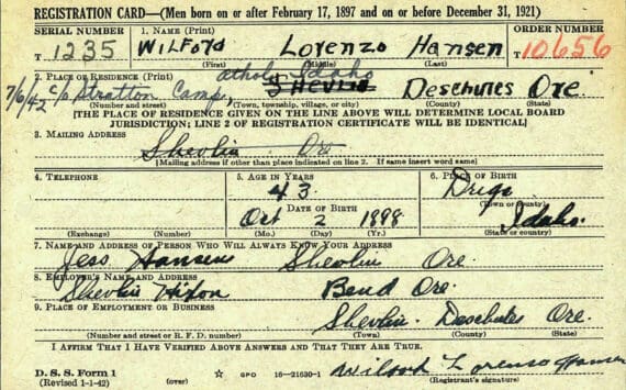 This is the front side of the 1942 draft-registration card for Wilford Lorenzo “Bill” Hansen. He came to live on the Kenai Peninsula during the early 1950s and soon purchased a share in the Circus Bar, later changing its name to the Hilltop Bar and Café. (Document from ancestry.com)