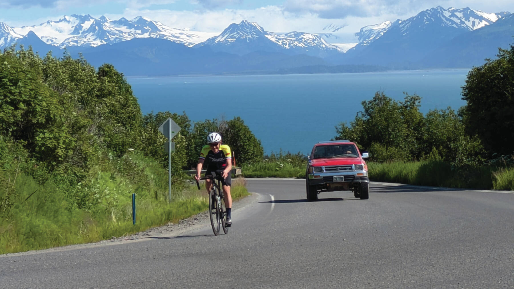 Todd Markelz rides for the international Everesting Challenge on Homer’s West Hill Road on Tuesday, July 2, 2024, in Homer, Alaska. (Photo provided by Nicole Markelz)