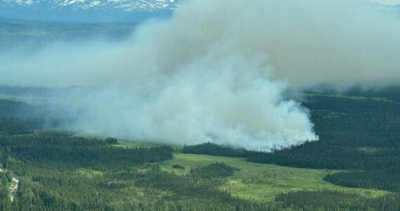 The Tustumena Lake fire, about 20 miles south of Soldotna, can be seen from above in July 2024 on the Kenai Peninsula, Alaska. (Photo courtesy Dale Eicher)