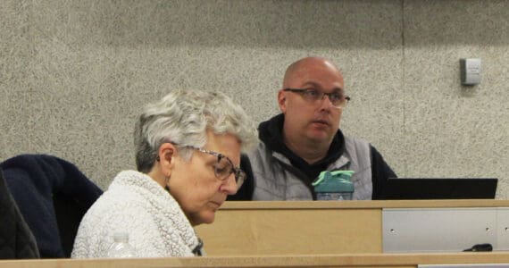 Kenai Peninsula Education Association President LaDawn Druce, left, and committee Chair Jason Tauriainen participate in the first meeting of the Kenai Peninsula Borough School District’s Four Day School Week Ad Hoc Committee on Wednesday, Jan. 10, 2024, in Soldotna, Alaska. (Ashlyn O’Hara/Peninsula Clarion)