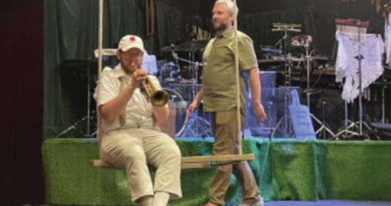 Emilie Springer/ Homer News
Beau Berryman, trumpet, on the swing for the ‘Happy Sad’ song in rehearsal prior to Sunday’s show at Pier One Theatre on the Spit. Musical director Eric Simondsen is in the background.