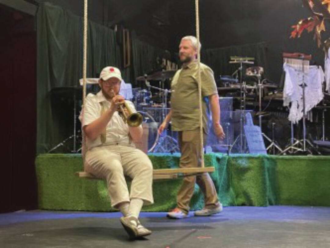 Emilie Springer/ Homer News
Beau Berryman, trumpet, on the swing for the ‘Happy Sad’ song in rehearsal prior to Sunday’s show at Pier One Theatre on the Spit. Musical director Eric Simondsen is in the background.