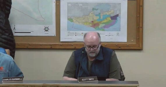 Homer Planning Commission chair Scott Smith reads his findings into the records regarding Doyon, Limited’s conditional use permit application at the special meeting on Wednesday, Jan. 31, 2024 in the Homer City Hall Cowles Council Chambers in Homer, Alaska. Screenshot.