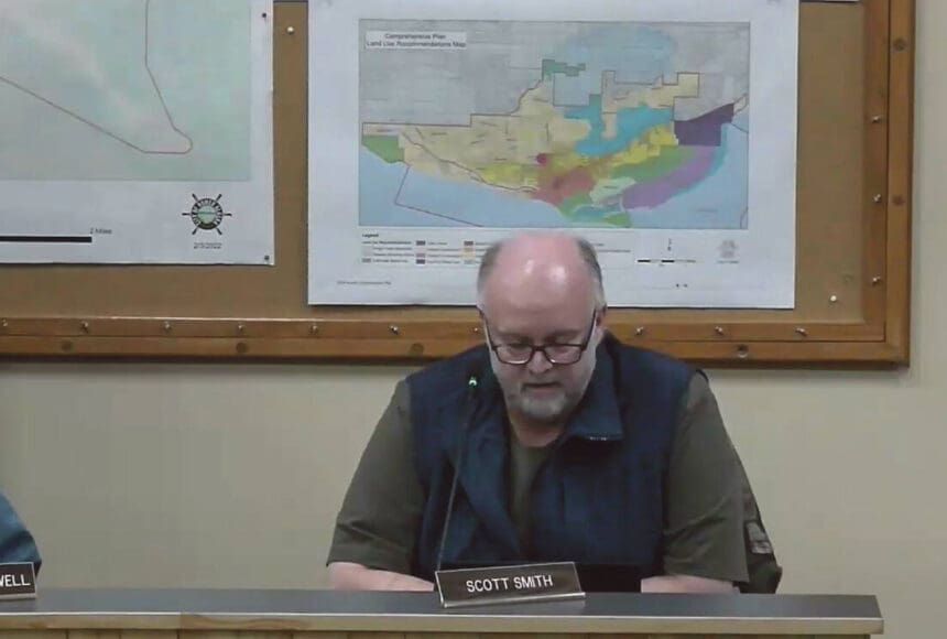 <p>Homer Planning Commission chair Scott Smith reads his findings into the records regarding Doyon, Limited’s conditional use permit application at the special meeting on Wednesday, Jan. 31, 2024 in the Homer City Hall Cowles Council Chambers in Homer, Alaska. Screenshot.</p>