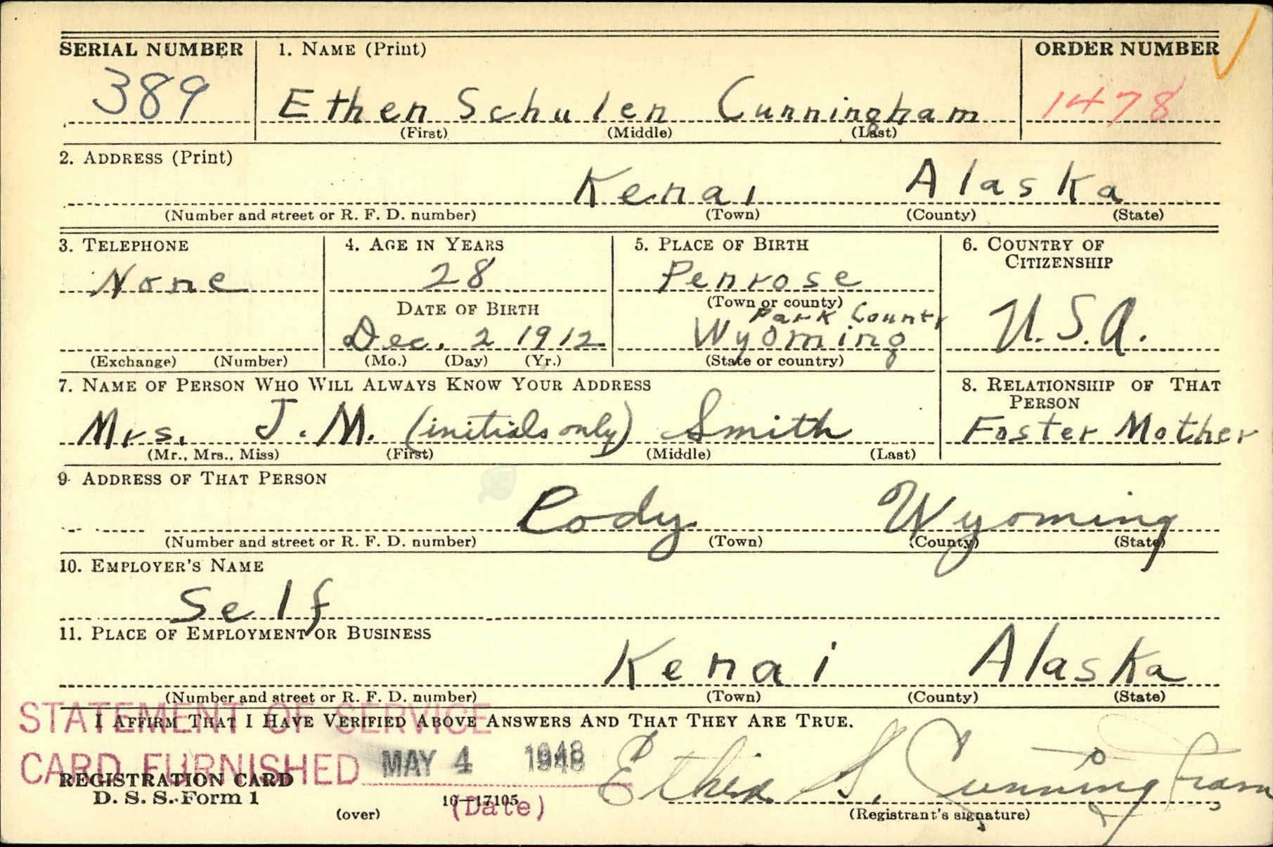 In August 1941, when he signed this draft-registration card in Kenai, Ethen Cunningham had been a Kenai resident for only a year or so. By the end of January 1948, he would be dead.