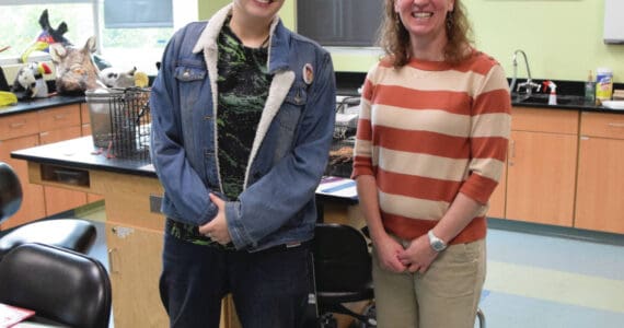 Emilie Springer/ Homer News
Keksi Geurts, NOAA Hollings scholar, and Jasmine Maurer, harmful species program coordinator, with the Research Reserve in the Islands and Oceans discovery lab after their public presentations on European Green Crab on July 18, 2024, in Homer Alaska.