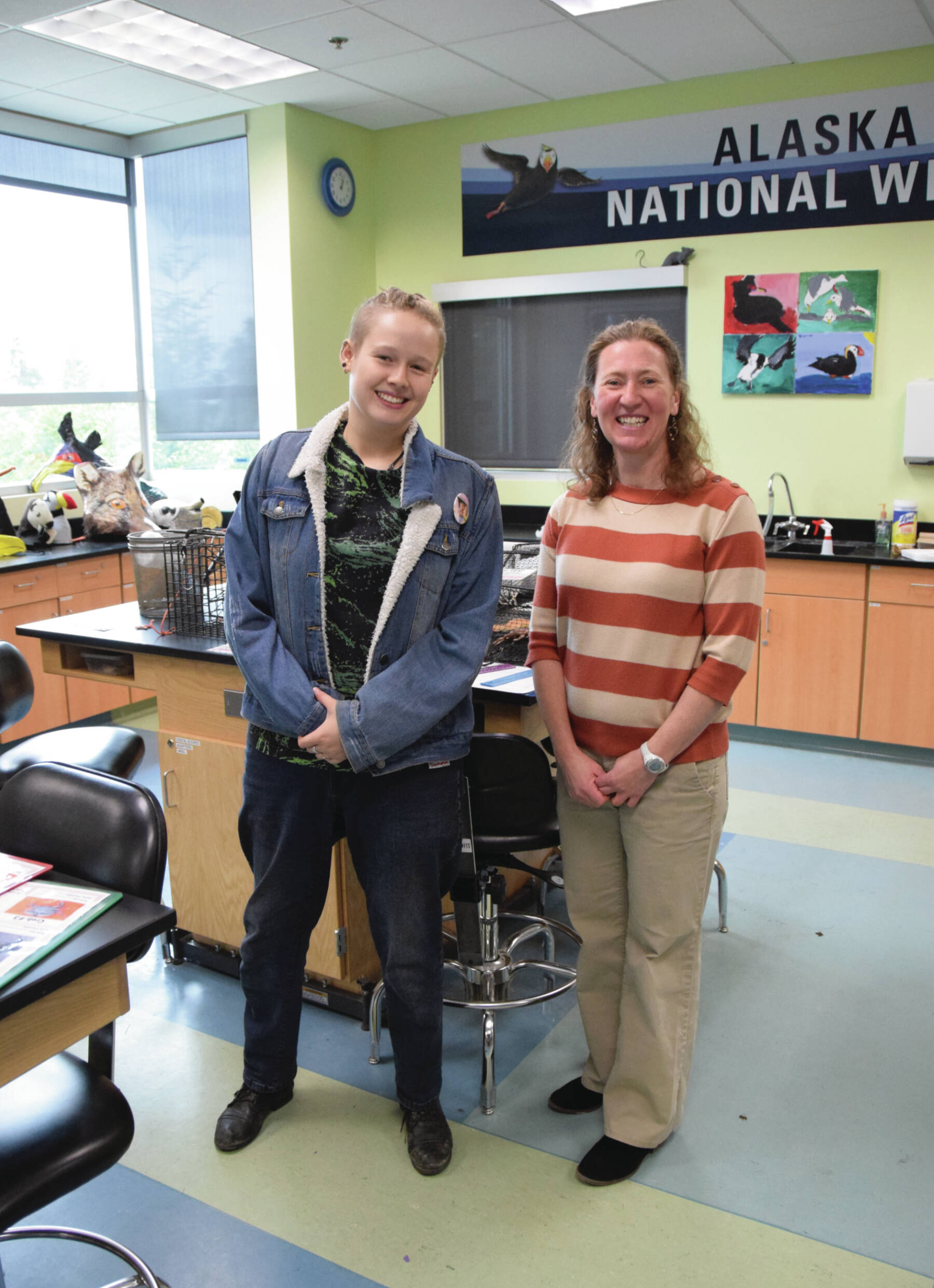 Emilie Springer/ Homer News
Keksi Geurts, NOAA Hollings scholar, and Jasmine Maurer, harmful species program coordinator, with the Research Reserve in the Islands and Oceans discovery lab after their public presentations on European Green Crab on July 18, 2024, in Homer Alaska.