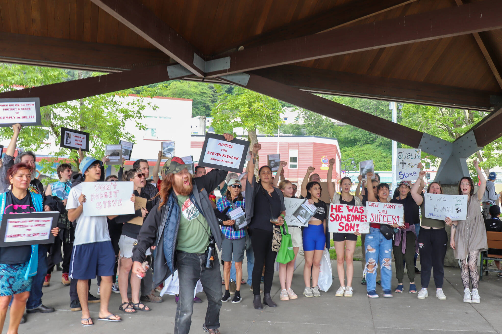 Jasz Garrett / Juneau Empire
People protesting the death of Steven Kissack gather at Marine Park after marching through downtown Juneau on Sunday afternoon.