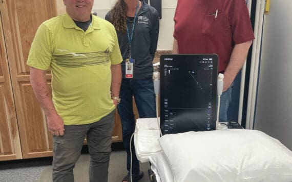 Emilie Springer/ Homer News
Dr. Dan Louis from Billings, Mt. (left), Linda Stearns from South Peninsula Hospital education department middle) and Dr. Chris Landess emergency department director at the ultrasound training course in Homer on Saturday, July 27.