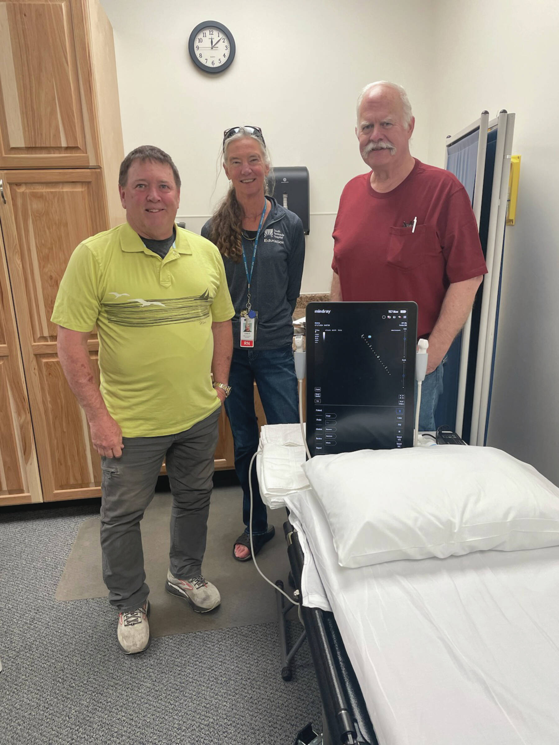 Emilie Springer/ Homer News
Dr. Dan Louis from Billings, Mt. (left), Linda Stearns from South Peninsula Hospital education department middle) and Dr. Chris Landess emergency department director at the ultrasound training course in Homer on Saturday, July 27.