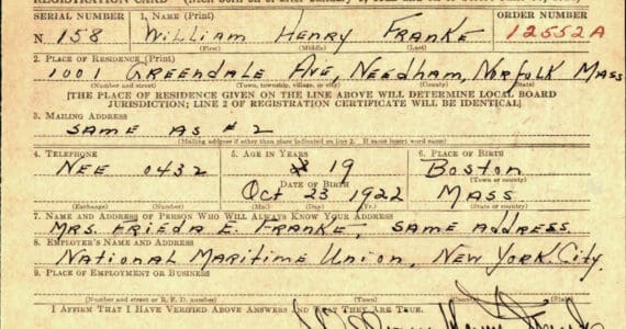 William Henry Franke signed this draft-registration card in August 1942 in Massachusetts. At the time, he was serving with the U.S. Merchant Marine. Four years later, he would move to the Kenai Peninsula. In January 1948, he would kill Ethen Cunningham.