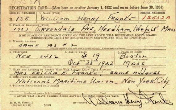 William Henry Franke signed this draft-registration card in August 1942 in Massachusetts. At the time, he was serving with the U.S. Merchant Marine. Four years later, he would move to the Kenai Peninsula. In January 1948, he would kill Ethen Cunningham.