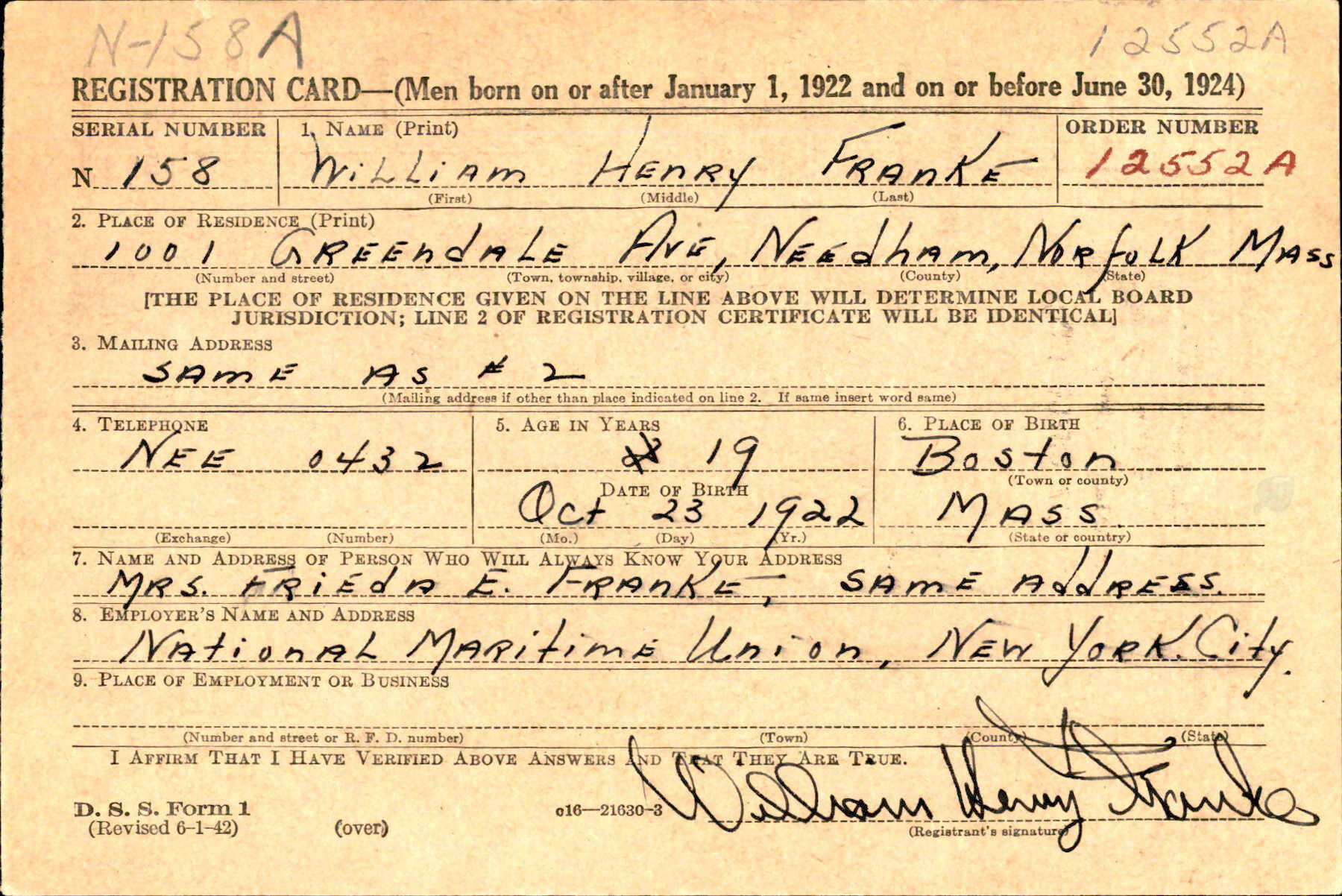 William Henry Franke signed this draft-registration card in August 1942 in Massachusetts. At the time, he was serving with the U.S. Merchant Marine. Four years later, he would move to the Kenai Peninsula. In January 1948, he would kill Ethen Cunningham.