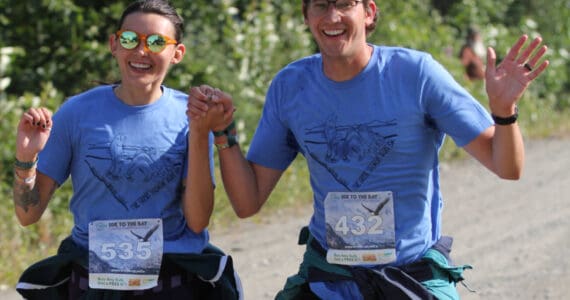 Grace Angivran Moore-Anderson (left) and Austin Anderson (right) participate in the second annual Great Salmon Run on Saturday, Aug. 3, 2024, in Ninilchik, Alaska. Moore-Anderson came in third in the women's category. Photo provided by Tiffany McCorison