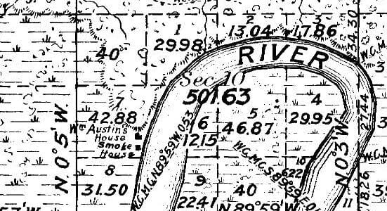 This excerpt from a survey dating back more than a century shows a large meander at about Mile 6 of the Kenai River. Along the outside of this river bend in 1948 were the homestead properties of Ethen Cunningham, William Franke and Charles “Windy” Wagner.