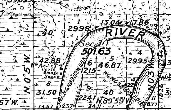 This excerpt from a survey dating back more than a century shows a large meander at about Mile 6 of the Kenai River. Along the outside of this river bend in 1948 were the homestead properties of Ethen Cunningham, William Franke and Charles “Windy” Wagner.