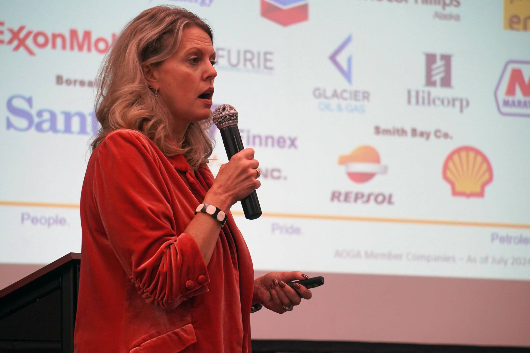 Alaska Oil and Gas Association President Kara Moriarty speaks to the joint Kenai and Soldotna chambers of commerce at the Kenai Chamber of Commerce and Visitor Center in Kenai, Alaska, on Tuesday, Aug. 6, 2024. (Jake Dye/Peninsula Clarion)