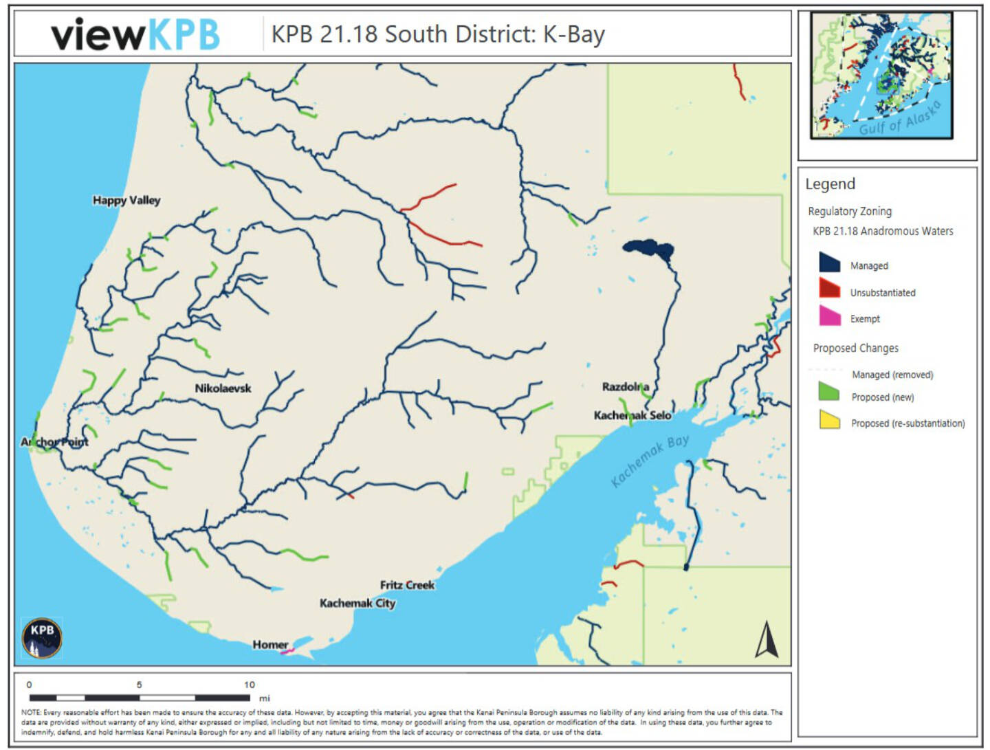 A map of the KPB 21.18 South District shows anadromous waters in the Kachemak Bay area, including proposed extensions to already-managed streams. Screenshot.