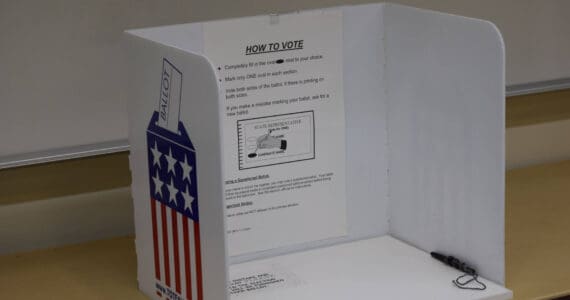 A ballot partition is at the Kenai No. 2 precinct for Election Day on Tuesday, Oct. 5, 2021. (Camille Botello/Peninsula Clarion)