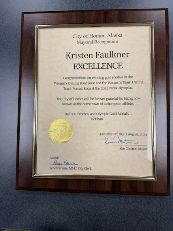 A mayoral recognition for Kristen Faulkner was presented by Homer mayor Ken Castner during the Homer City Council meeting on Monday, Aug. 12, 2024, in Homer, Alaska. Photo provided by Ken Castner