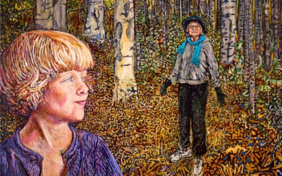 "Woods is Her Maiden Name" is an acrylic painting by Marjorie Scholl, on display through September in her exhibit, "Inner Stellar" at the Pratt Musuem in Homer, Alaska. Photo by Chris Kincaid