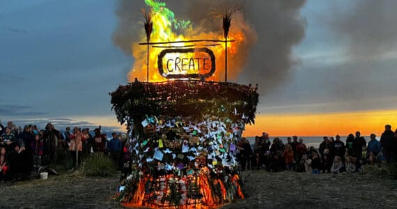 The 2023 Burning Basket, titled “Create,” burns after sundown on Sept 10, 2023 at Mariner Park in Homer, Alaska. Photo provided by Mavis Muller