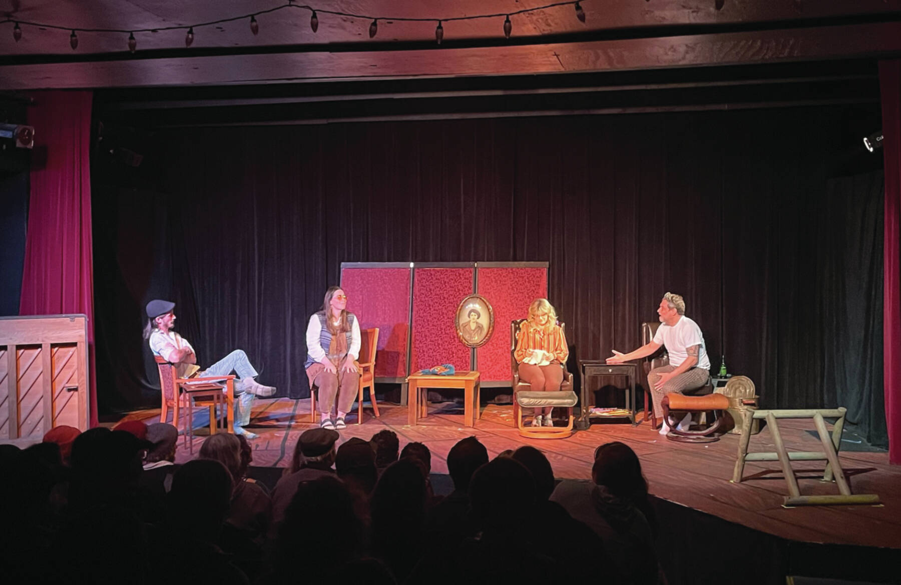 Liam James, Javin Schroeder, Leeann Serio and Mike Selle perform in “Leaving” during last Saturday’s show at Pier One Theatre on the Spit. (Emilie Springer/ Homer News)