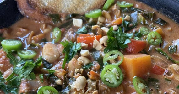 This nutritious and calorie-dense West African Peanut Stew is rich and complex with layers of flavor and depth. (Photo by Tressa Dale/Peninsula Clarion)