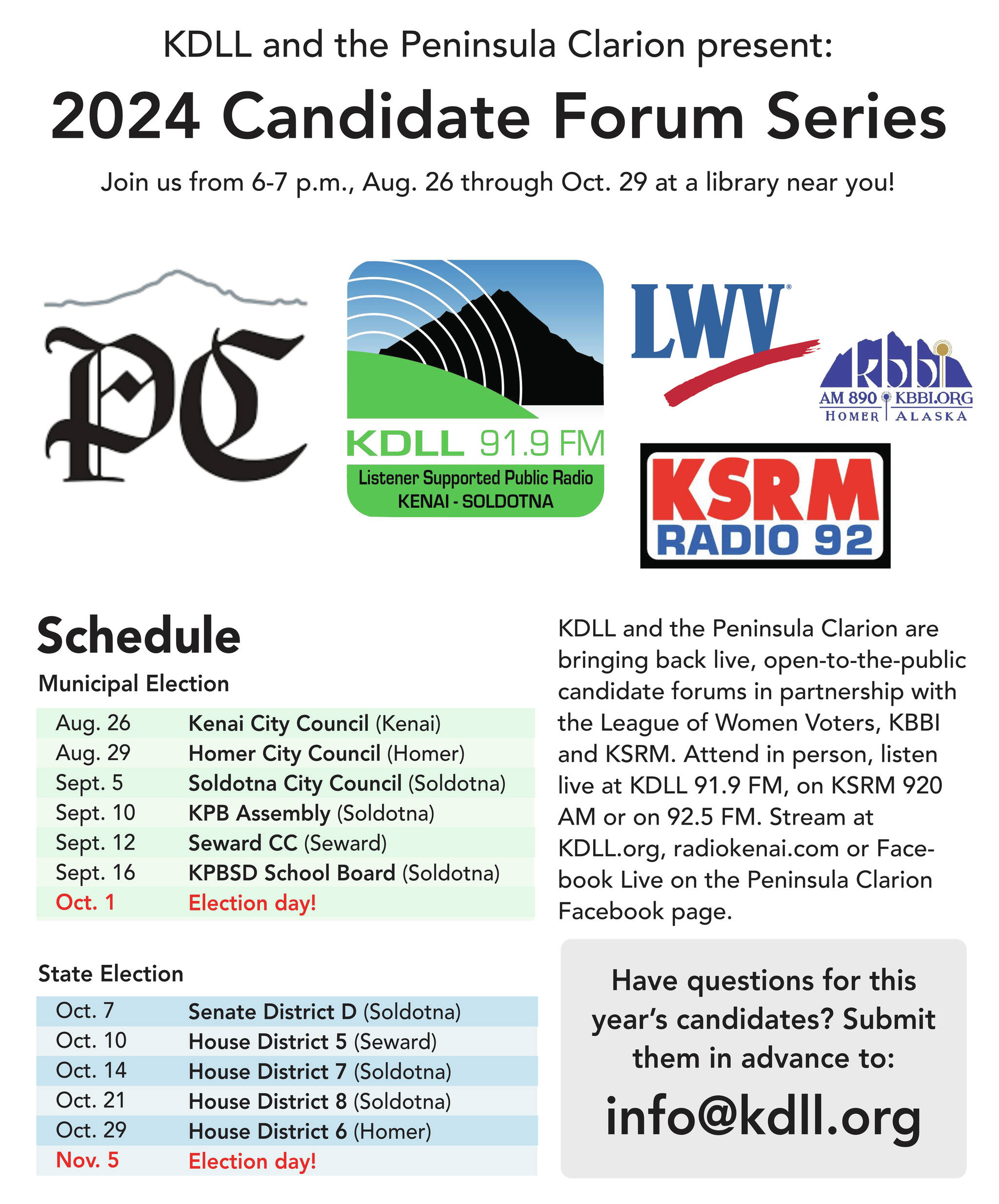 Flyer for the 2024 Candidate Forum Series by KDLL 91.9 FM and the Peninsula Clarion. (Ashlyn O’Hara/KDLL 91.9)