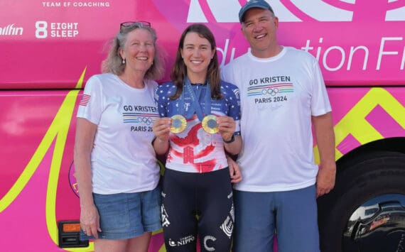 From left: Sara, Kristen and Jon Faulkner pose with Kristen's two gold medals at the 2024 Olympics in Paris, France. (Photo provided by Jon Faulkner)