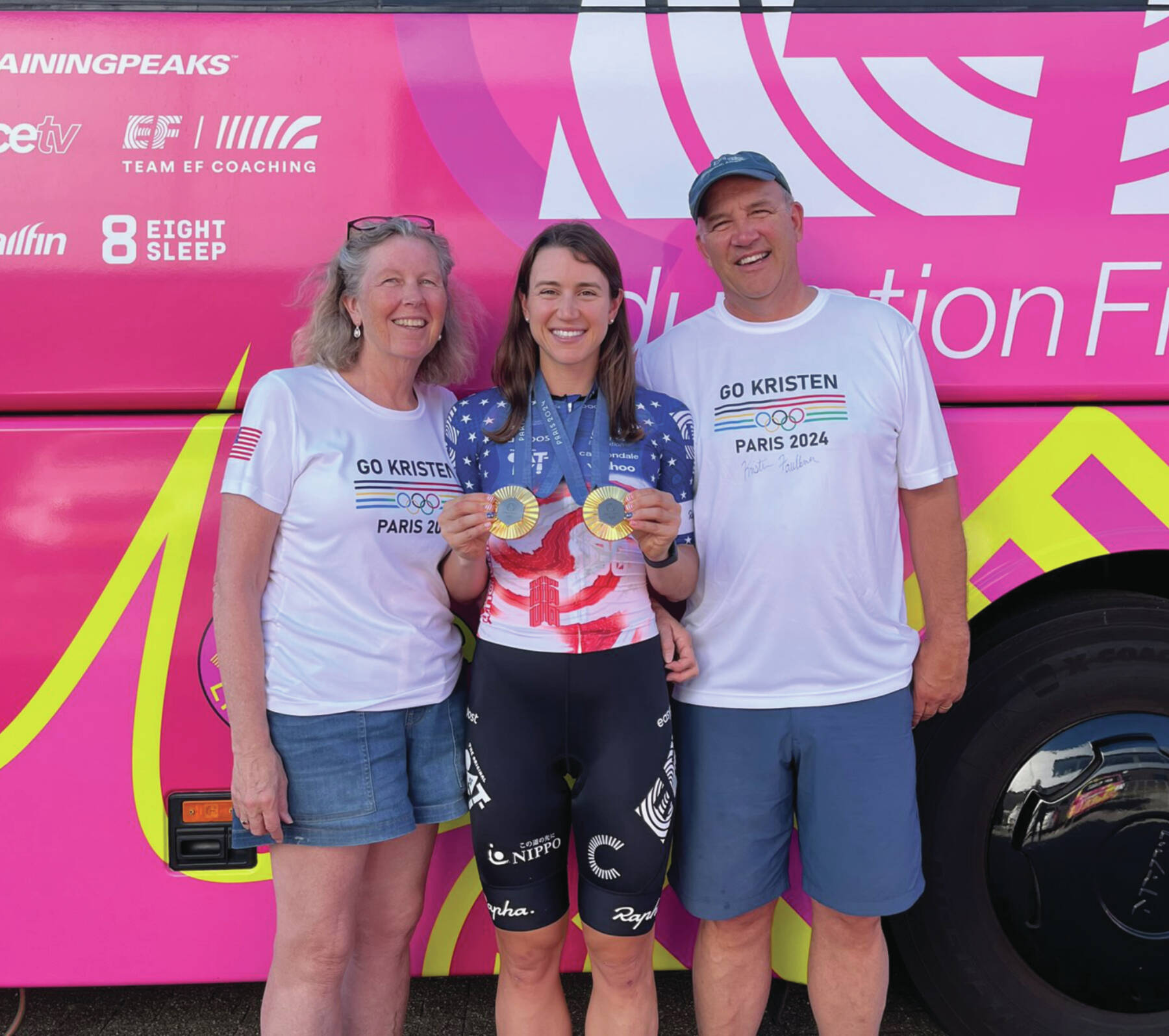 Photo provided by Jon Faulkner
Sara, Kristen and Jon Faulkner pose with Kristen’s two gold medals at the 2024 Olympics in Paris, France.