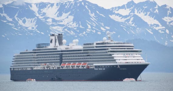 The MS Westerdam, from the Holland America cruise line, is anchored out in Kachemak Bay on Friday, June 28, 2024, in Homer, Alaska. (Delcenia Cosman/Homer News)