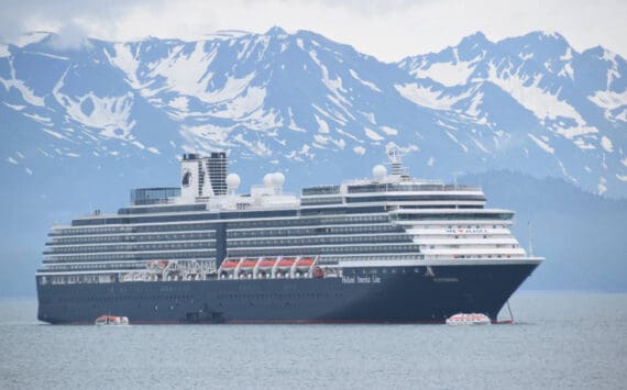 The MS Westerdam, from the Holland America cruise line, is anchored out in Kachemak Bay on Friday, June 28, 2024, in Homer, Alaska. (Delcenia Cosman/Homer News)