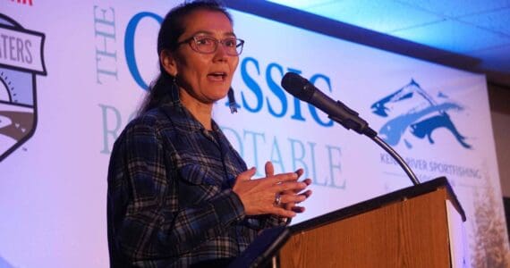 Rep. Mary Peltola delivers closing remarks at the Kenai River Sportfishing Association’s Kenai Classic Roundtable at the Soldotna Regional Sports Complex in Soldotna, Alaska, on Wednesday, Aug. 21, 2024. (Jake Dye/Peninsula Clarion)