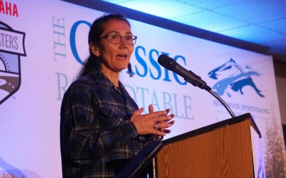 Rep. Mary Peltola delivers closing remarks at the Kenai River Sportfishing Association’s Kenai Classic Roundtable at the Soldotna Regional Sports Complex in Soldotna, Alaska, on Wednesday, Aug. 21, 2024. (Jake Dye/Peninsula Clarion)