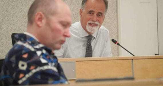 Kenai Peninsula Borough Mayor Peter Micciche speaks to the Kenai Peninsula Borough Assembly during their work session in Soldotna, Alaska, on Tuesday, Sept. 3, 2024. (Jake Dye/Peninsula Clarion)