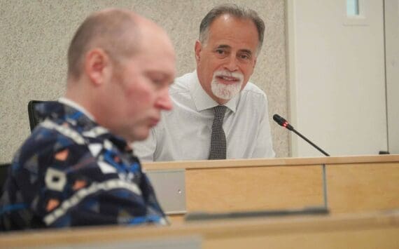 Kenai Peninsula Borough Mayor Peter Micciche speaks to the Kenai Peninsula Borough Assembly during their work session in Soldotna, Alaska, on Tuesday, Sept. 3, 2024. (Jake Dye/Peninsula Clarion)