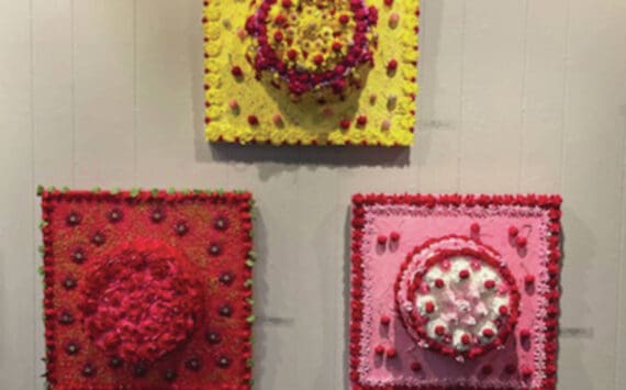 “Party Time,” “Love and Roses,” and “Cherry Delight” cakes, created with acrylic, plastic foam and beads on cradled board, are part of Sami Ali’s collection “The Death of Retail” on display at Homer Council on the Arts through September 2024. (Emilie Springer/ Homer News)