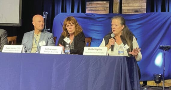 From left: South Peninsula Hospital CEO Ryan Smith; Kenai Peninsula Borough Assembly member Kelly Cooper; and South Peninsula Hospital Board of Directors member Beth Wythe address community questions regarding Proposition 1 authorizing a $38.5 million bond at a meeting last Friday, Sept. 13, 2024. (Emilie Springer/ Homer News)