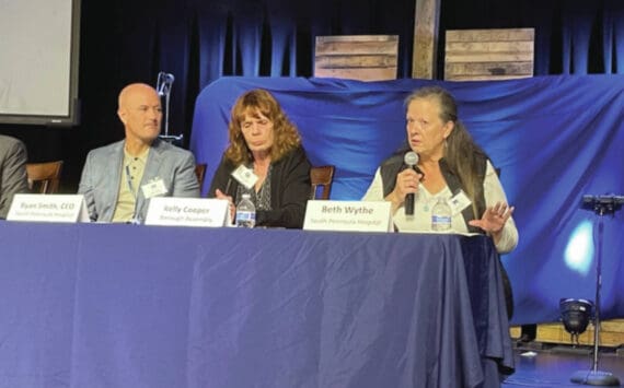 From left: South Peninsula Hospital CEO Ryan Smith; Kenai Peninsula Borough Assembly member Kelly Cooper; and South Peninsula Hospital Board of Directors member Beth Wythe address community questions regarding Proposition 1 authorizing a $38.5 million bond at a meeting last Friday, Sept. 13, 2024. (Emilie Springer/ Homer News)