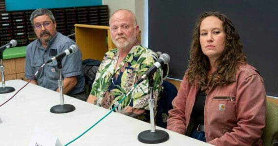 John Osenga, Michael Calhoon and Casie Warner participate in a Seward City Council candidate forum hosted by KBBI 890 AM and the Peninsula Clarion at the Seward Community Library and Museum in Seward, Alaska, on Thursday, Sept. 12, 2024. (Jake Dye/Peninsula Clarion)